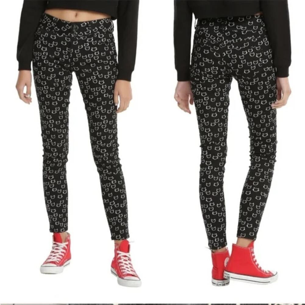 BlackHeart Cat Print Super Skinny Jeans Mid Ankle Cotton Black White 9 32x31